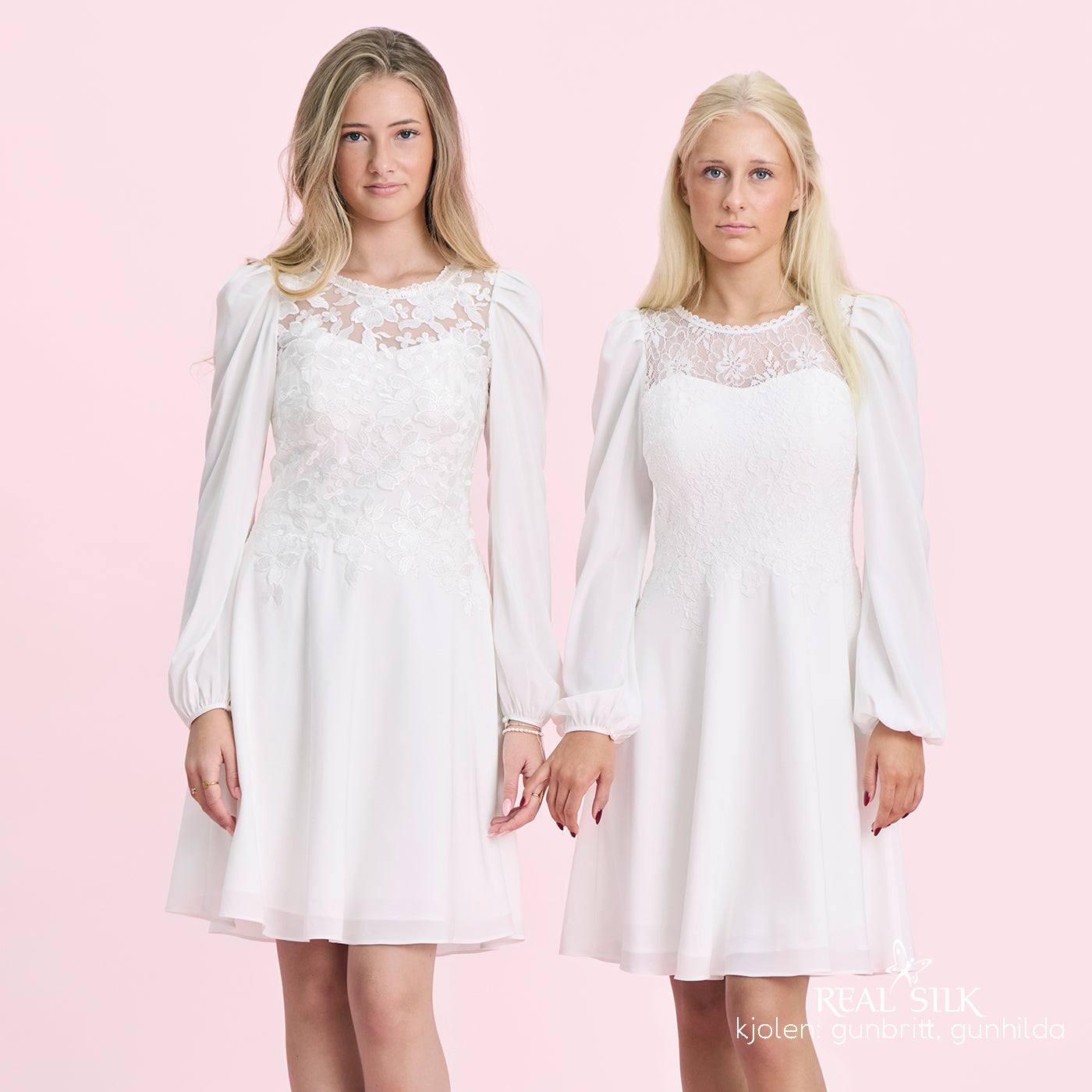 Konfirmationskjole Gunbritt og Gunhilda med lange ærmer i chiffon